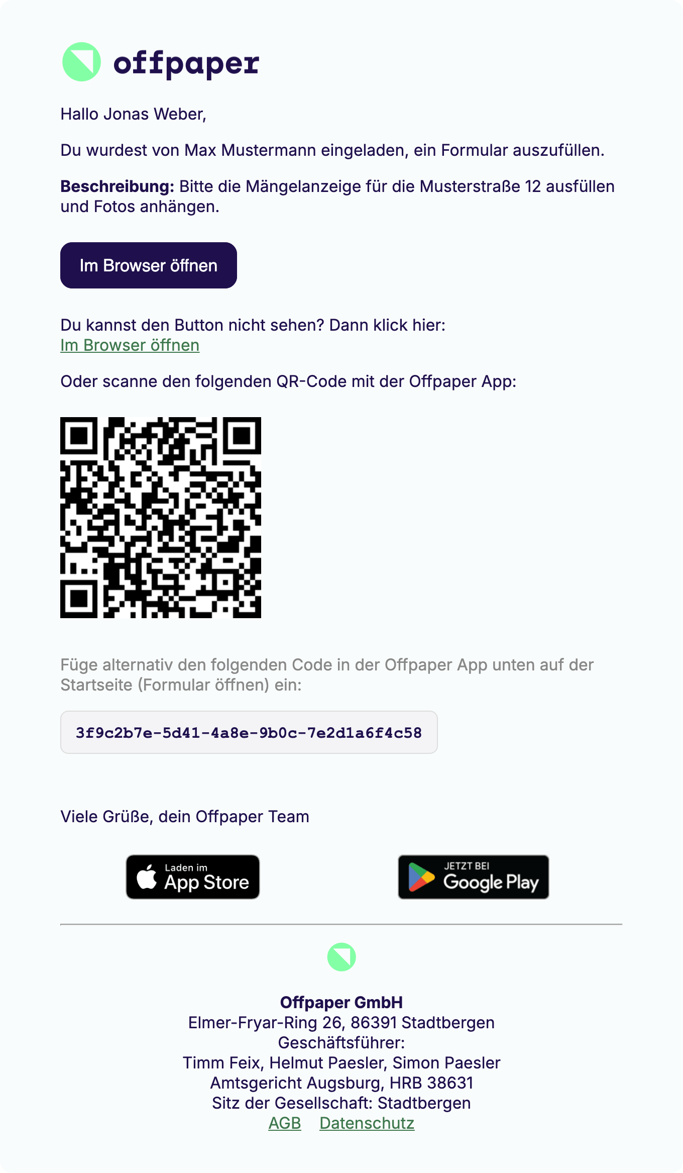 E-Mail an den externen Empfänger Jonas Weber: Einladung von Max Mustermann, die Beschreibung der Aufgabe, der Button „Im Browser öffnen", ein QR-Code zum Scannen mit der Offpaper App, darunter der Code zum Eintippen unter „Formular öffnen" sowie die Links zu App Store und Google Play