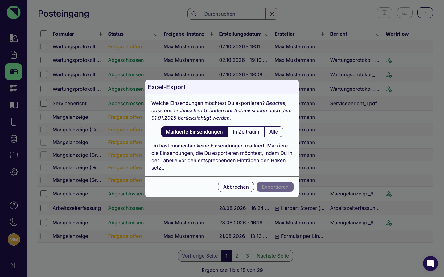 Excel-Export-Dialog mit den drei Optionen Markierte Einsendungen, In Zeitraum und Alle