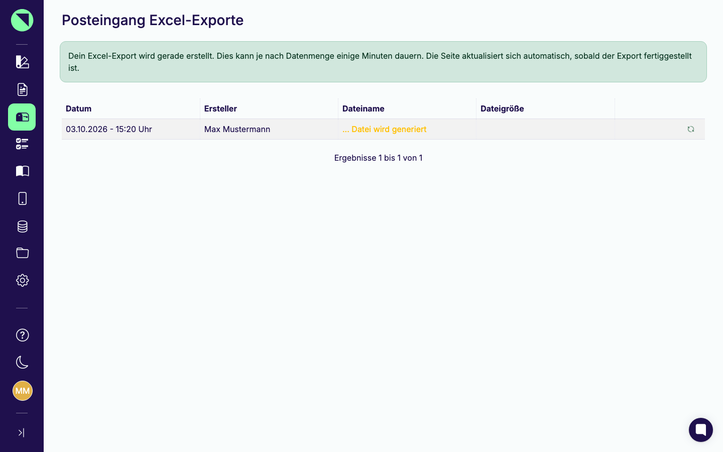 Seite „Posteingang Excel-Exporte" mit dem Hinweis, dass der Export gerade erstellt wird, und einem Export-Auftrag mit Datum, Ersteller und dem Status „Datei wird generiert"