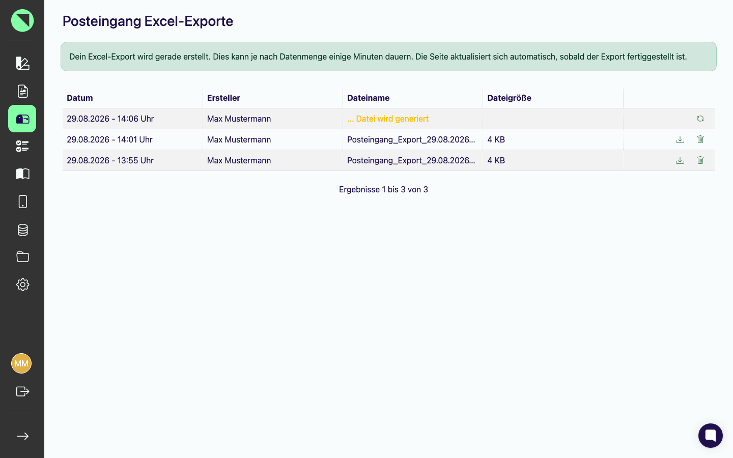 Seite Posteingang Excel-Exporte mit einem fertigen Export-Auftrag samt Datum, Ersteller, Dateiname und Dateigröße