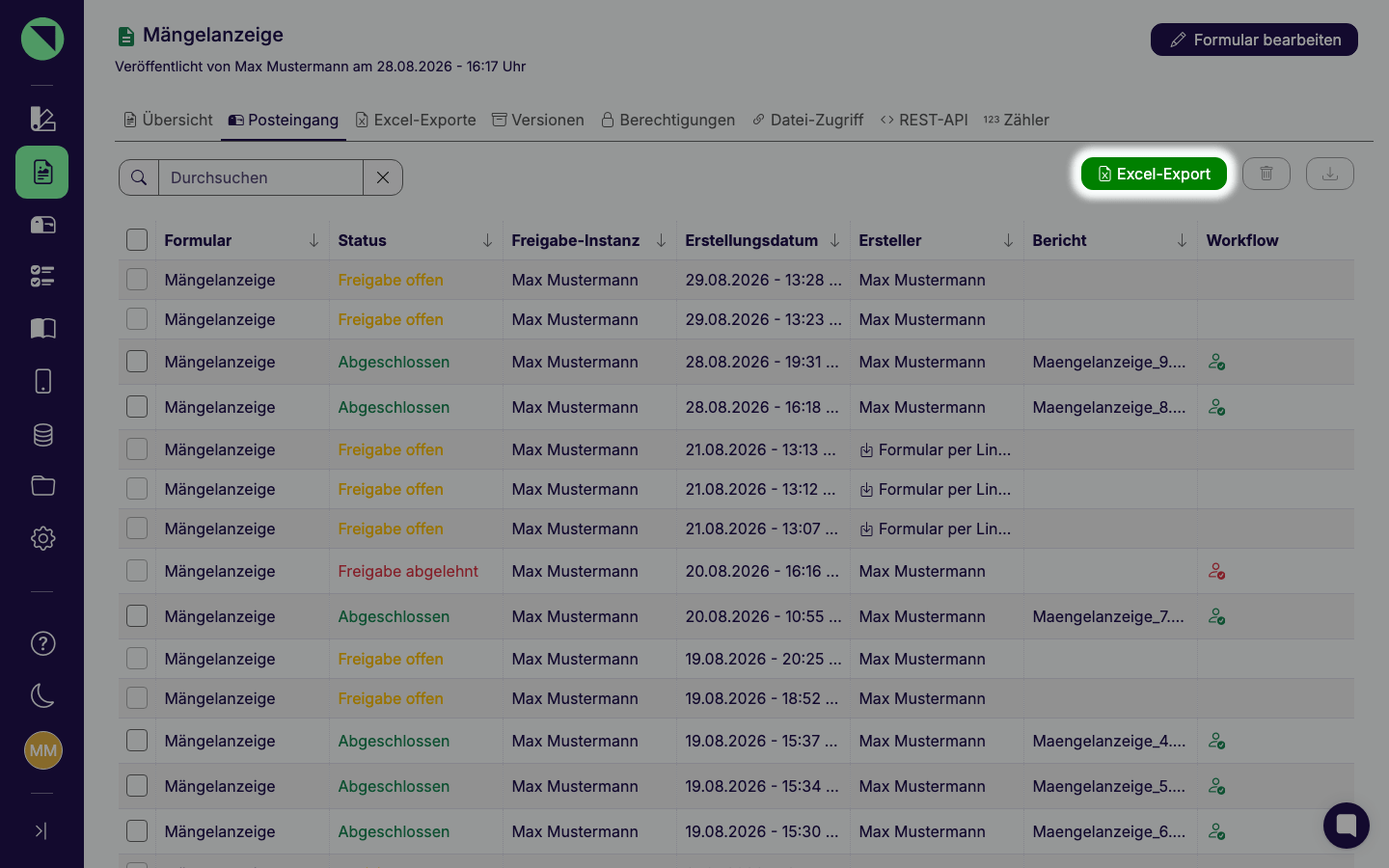 Formular-Posteingang im Reiter der Formularbearbeitung mit dem Button Excel-Export