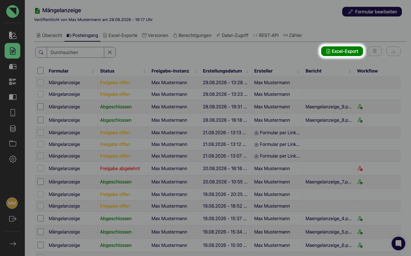 Formular-Posteingang im Tab der Formularbearbeitung mit dem Button Excel-Export