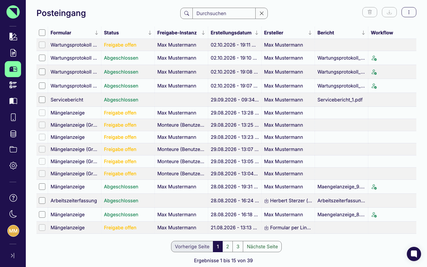 Gesamtansicht des globalen Posteingangs mit Einsendungen verschiedener Formulare in den Status Freigabe offen und Abgeschlossen, Spalten für Freigabe-Instanz, Ersteller, Bericht und Workflow sowie der Seitenumschaltung darunter