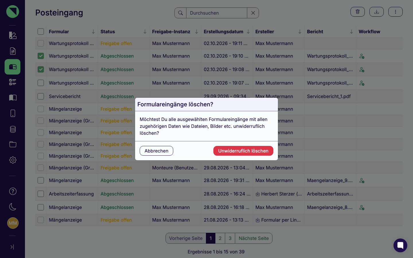 Löschen-Bestätigungsdialog "Formulareingänge löschen?" mit den Buttons Unwiderruflich löschen und Abbrechen