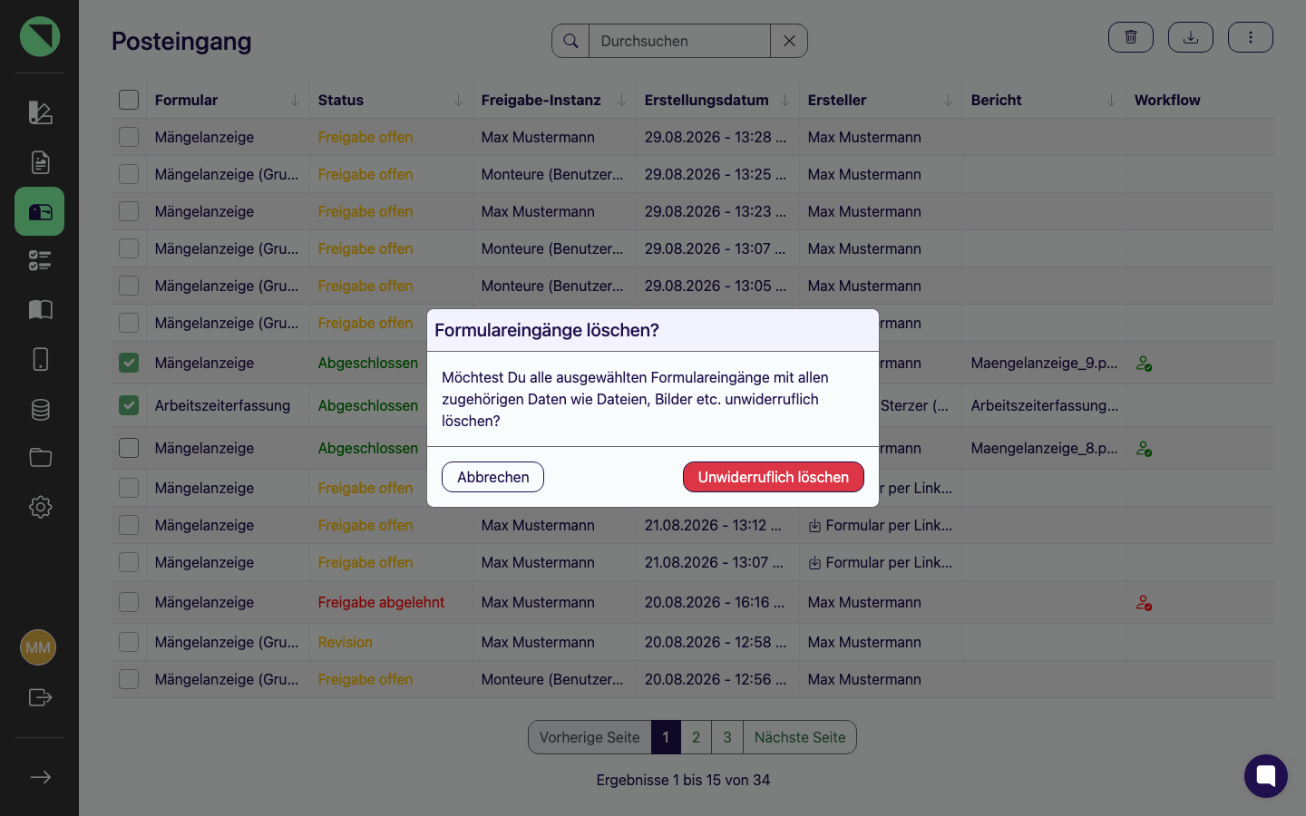 Löschen-Bestätigungsdialog "Formulareingänge löschen?" mit den Buttons Unwiderruflich löschen und Abbrechen