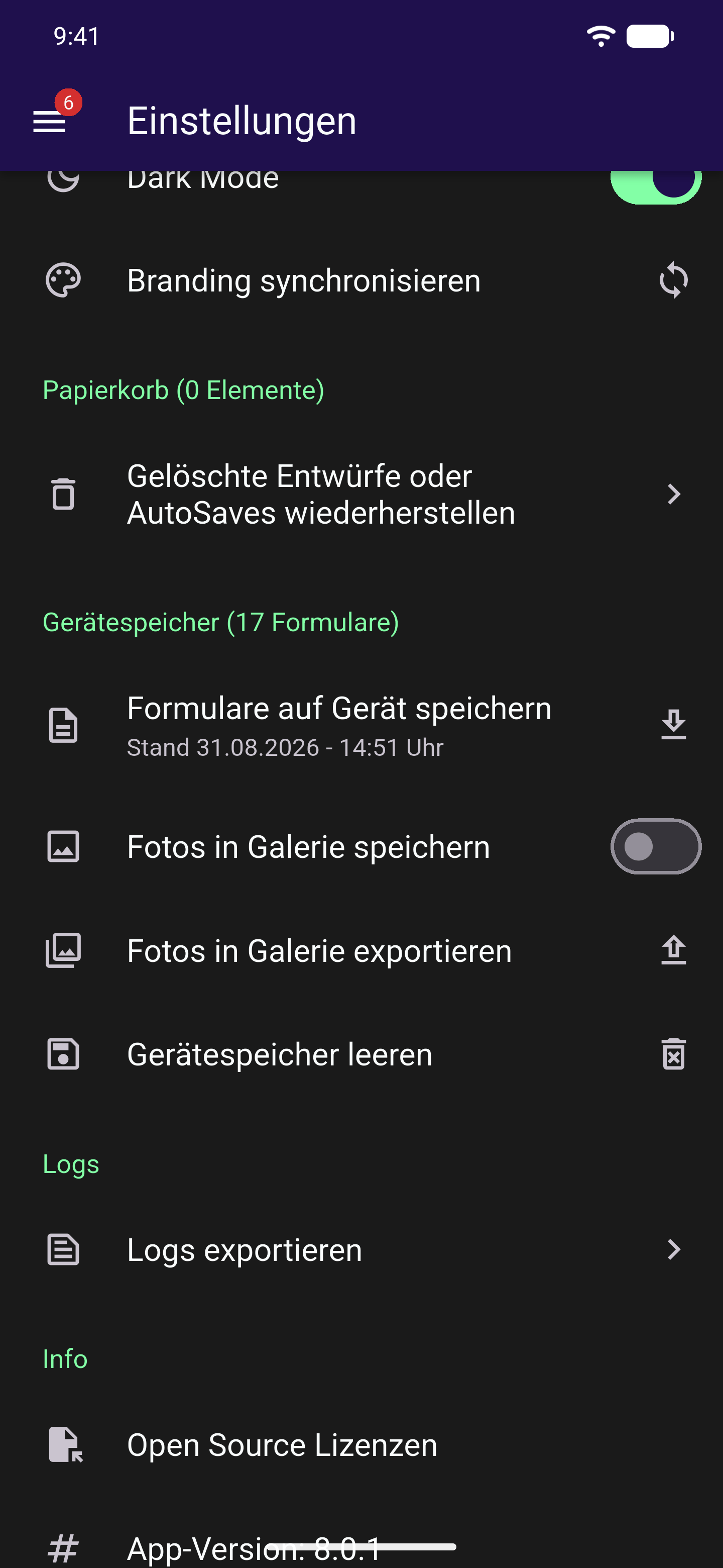 Bereich Gerätespeicher mit der Zeile Formulare auf Gerät speichern, Anzahl gespeicherter Formulare in der Abschnittsüberschrift und Datum der letzten Aktualisierung