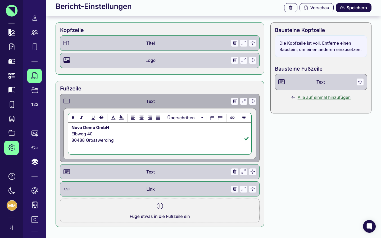 Kopf-/Fußzeilen-Baukasten mit platzierten Bausteinen (Titel und Logo in der Kopfzeile, mehrere Text-Bausteine in der Fußzeile), einem aufgeklappten Text-Baustein samt Rich-Text-Editor und der Bausteine-Palette rechts