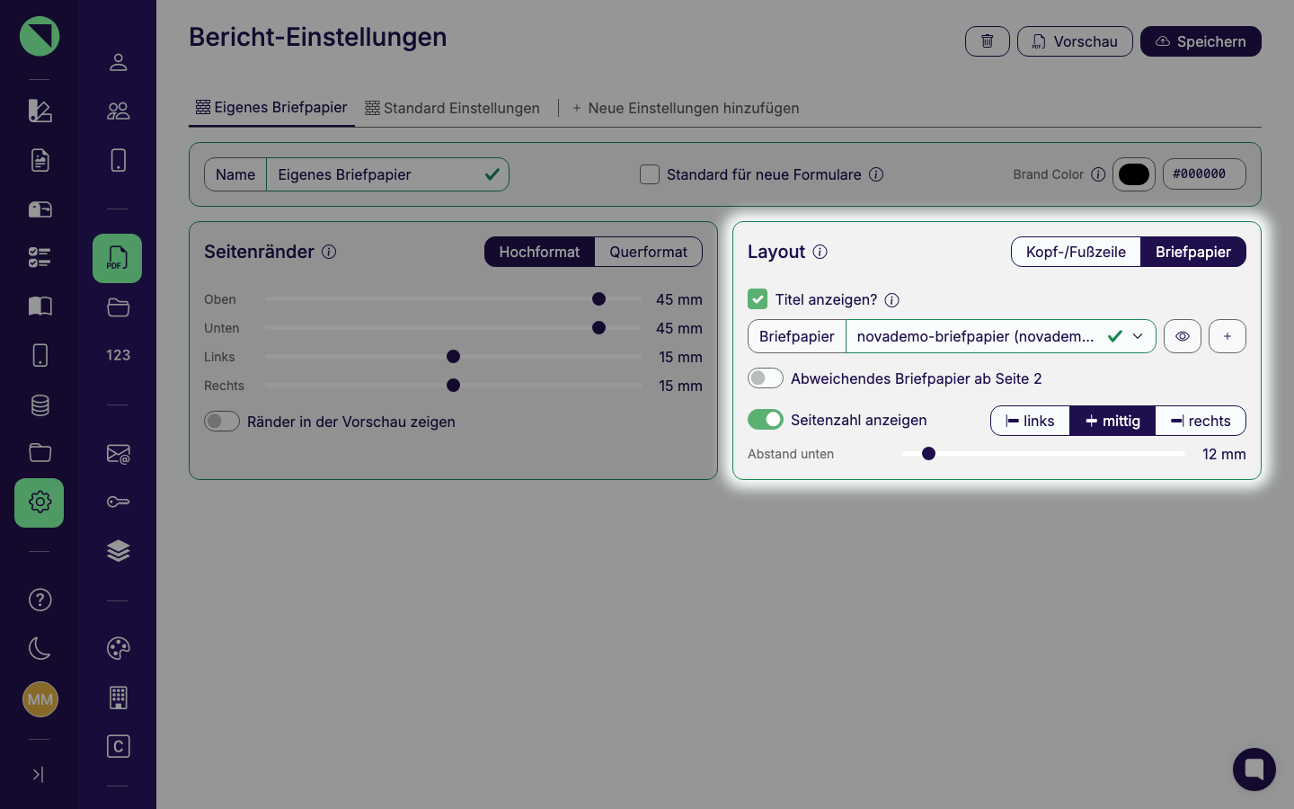 Hervorgehobene Layout-Karte im Modus Briefpapier mit der Checkbox Titel anzeigen, der Datei-Auswahlliste Briefpapier, dem Schalter Abweichendes Briefpapier ab Seite 2 und dem Slider Abstand unten