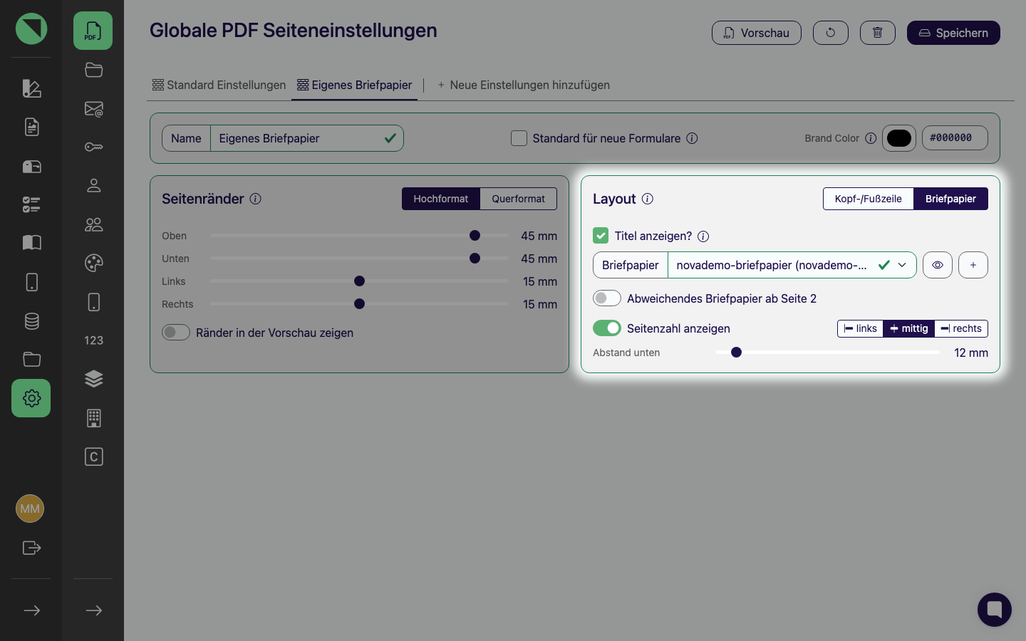 Hervorgehobene Layout-Karte im Modus Briefpapier mit der Checkbox Titel anzeigen, der Datei-Auswahlliste Briefpapier, dem Schalter Abweichendes Briefpapier ab Seite 2 und dem Slider Abstand unten