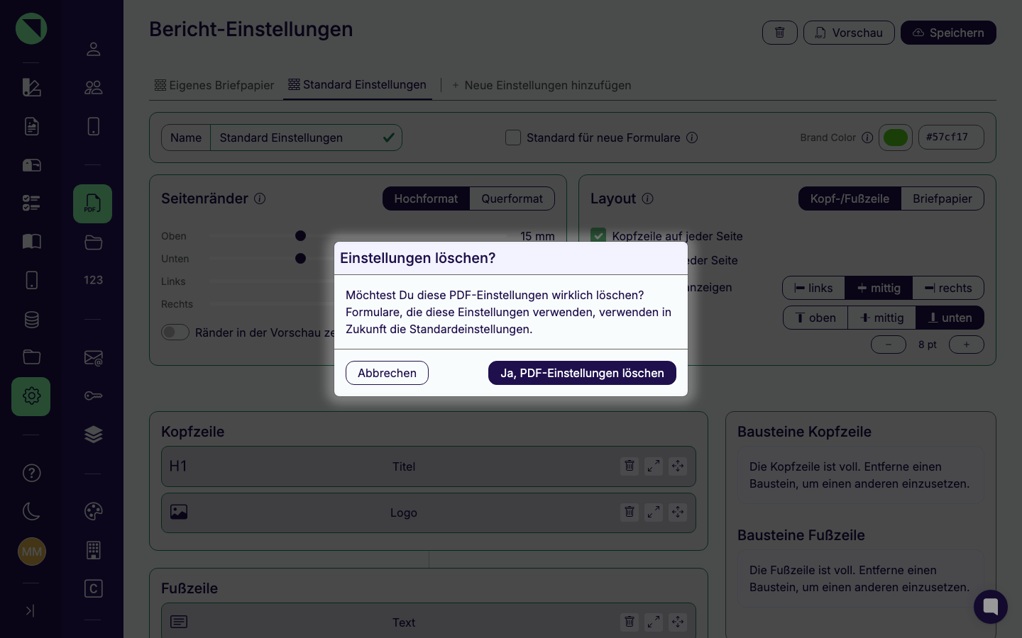 Hervorgehobener Bestätigungsdialog „Einstellungen löschen?" mit dem Warntext und den Buttons Abbrechen und Ja, PDF-Einstellungen löschen