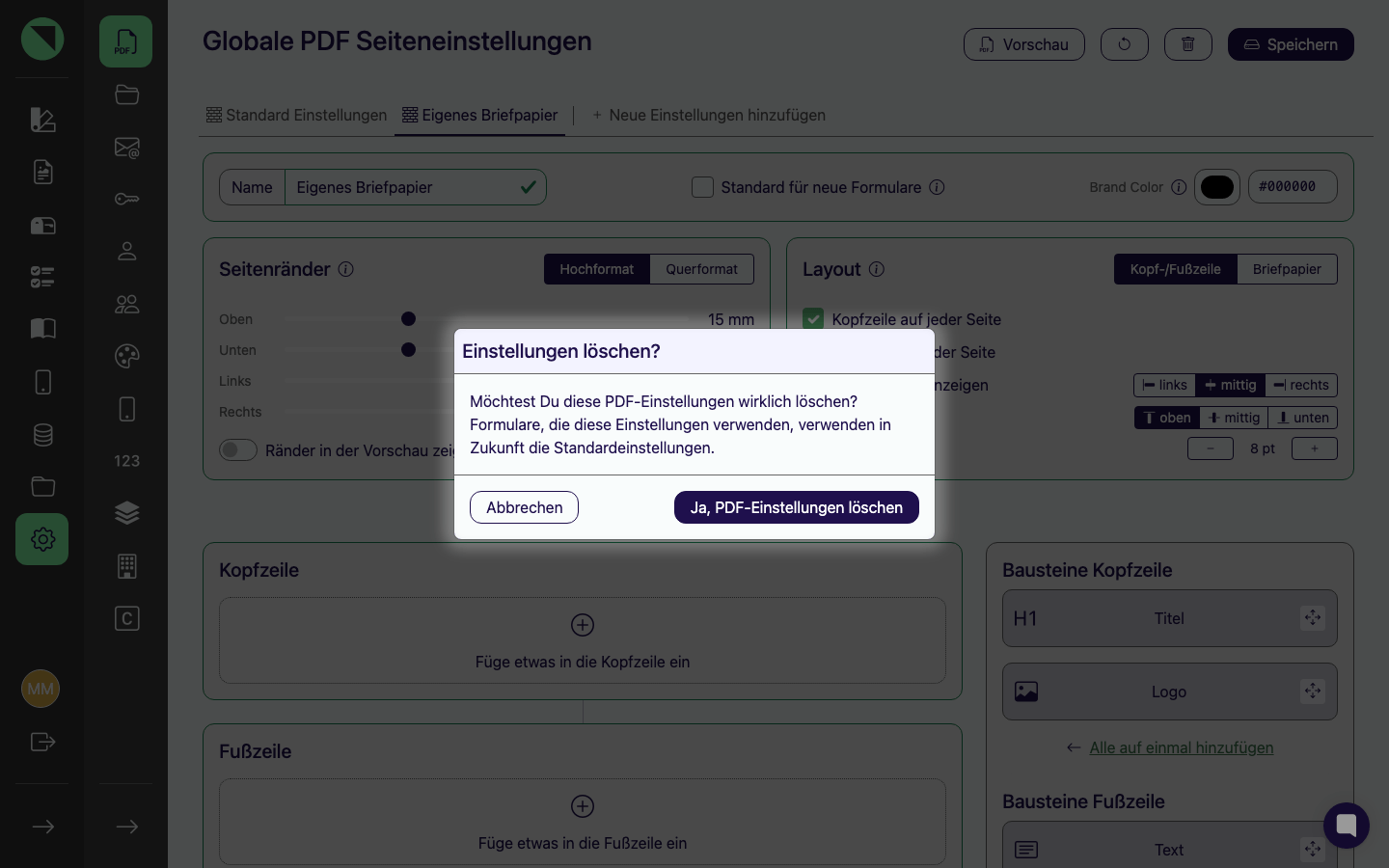 Hervorgehobener Bestätigungsdialog „Einstellungen löschen?" mit dem Warntext und den Buttons Abbrechen und Ja, PDF-Einstellungen löschen