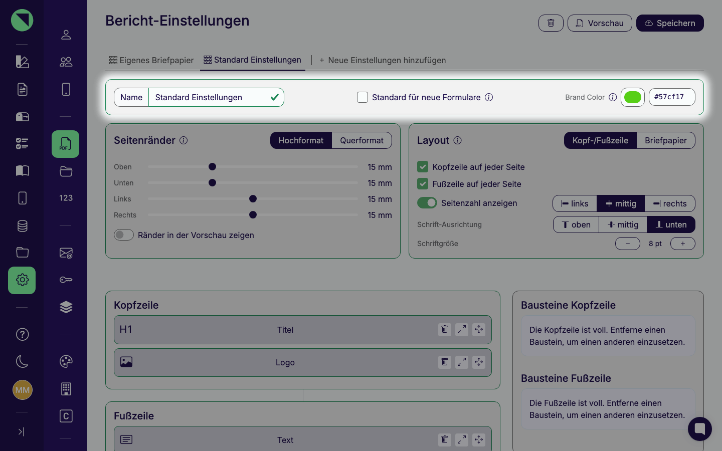 Hervorgehobene Profil-Zeile mit dem Feld Name, der Checkbox Standard für neue Formulare und dem Brand-Color-Farbwähler