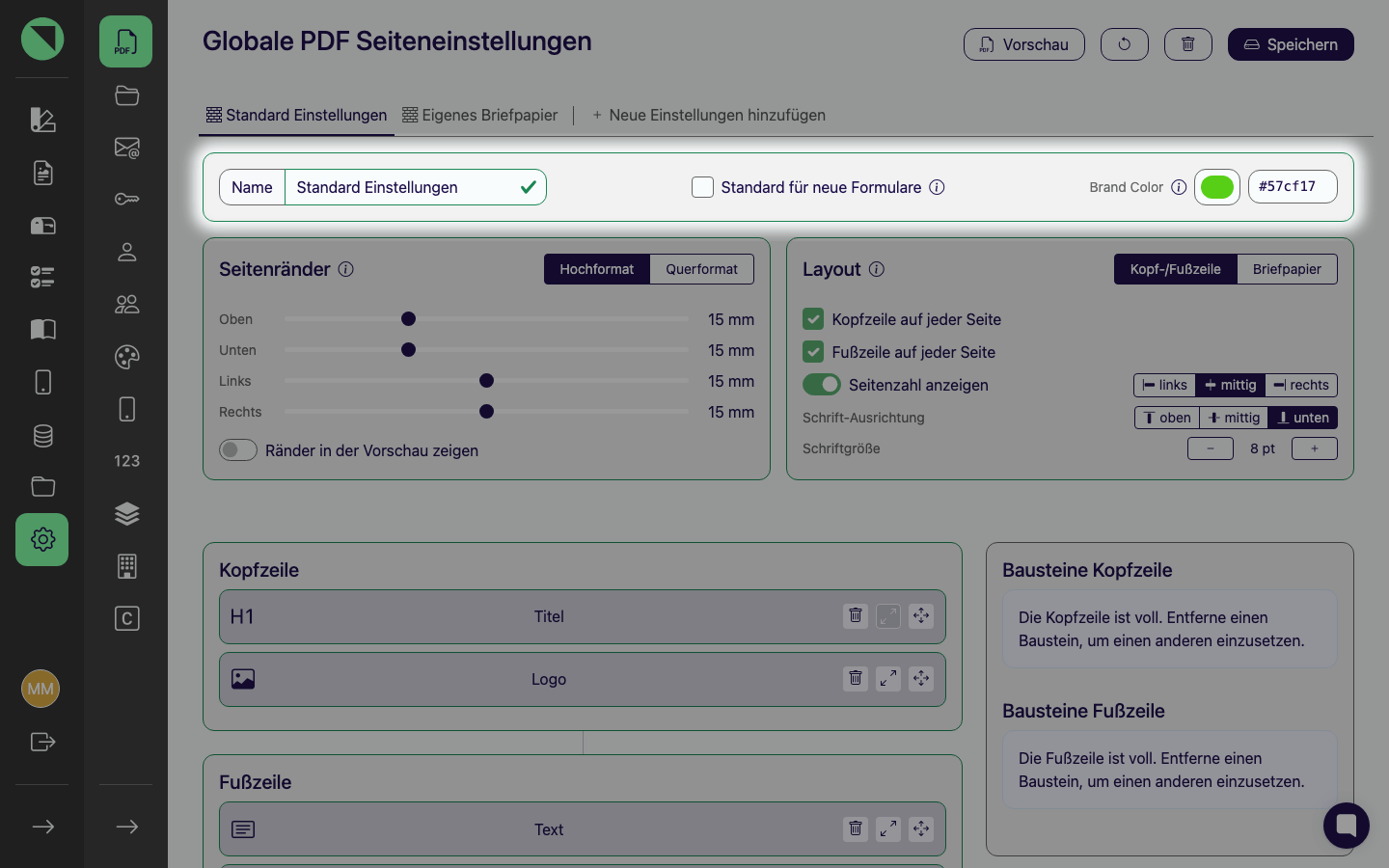Hervorgehobene Profil-Zeile mit dem Feld Name, der Checkbox Standard für neue Formulare und dem Brand-Color-Farbwähler