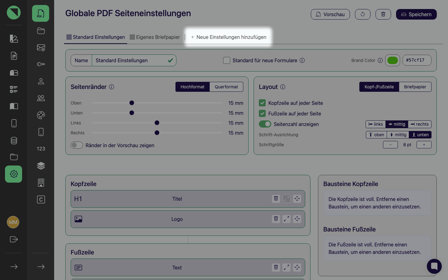 Hervorgehobener Tab „Neue Einstellungen hinzufügen" ganz rechts in der Tab-Leiste