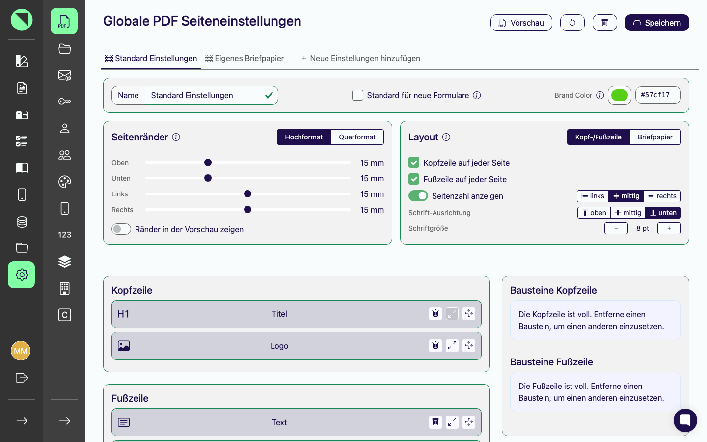Seite „Globale PDF Seiteneinstellungen" mit der Tab-Leiste der Profile und dem geöffneten Profil „Standard Einstellungen" darunter