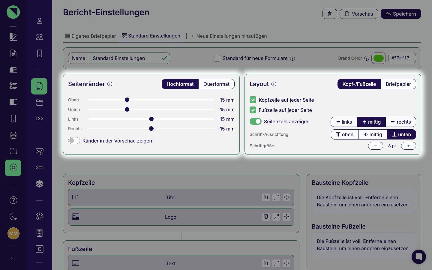 Die hervorgehobenen Karten Seitenränder mit den vier Seitenrand-Slidern und Layout mit dem Umschalter Kopf-/Fußzeile/Briefpapier und den Fußzeilen-Einstellungen