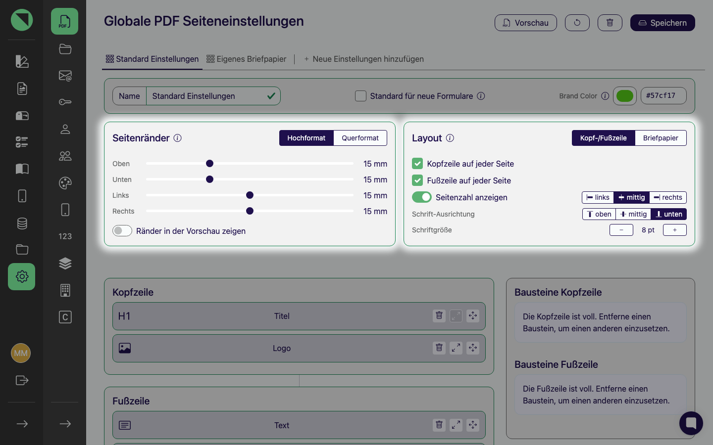 Die hervorgehobenen Karten Seitenränder mit den vier Seitenrand-Slidern und Layout mit dem Umschalter Kopf-/Fußzeile/Briefpapier und den Fußzeilen-Einstellungen