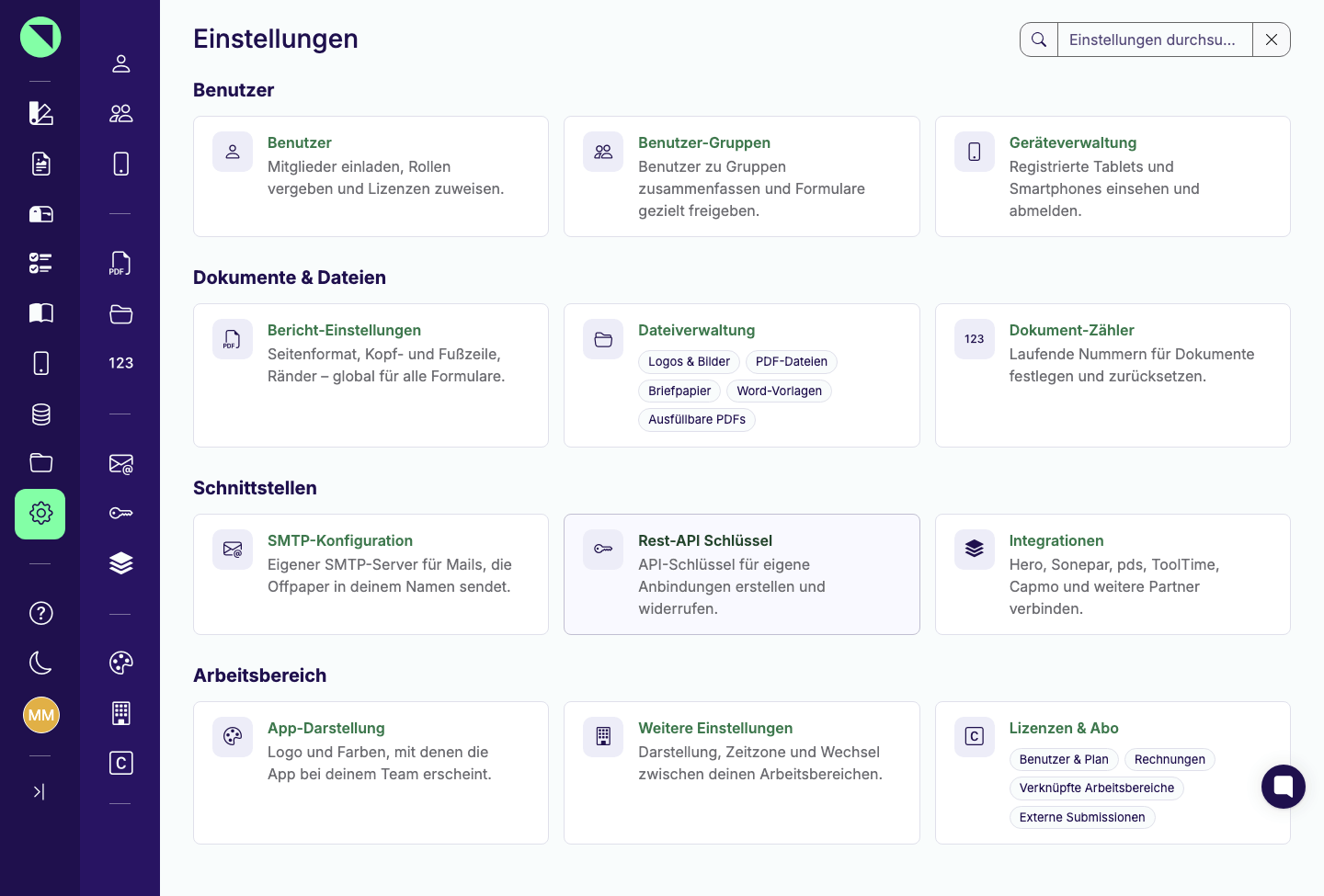 Übersichtsseite Einstellungen mit dem Suchfeld Einstellungen durchsuchen oben rechts und den Kacheln in den vier Gruppen Benutzer, Dokumente & Dateien, Schnittstellen und Arbeitsbereich