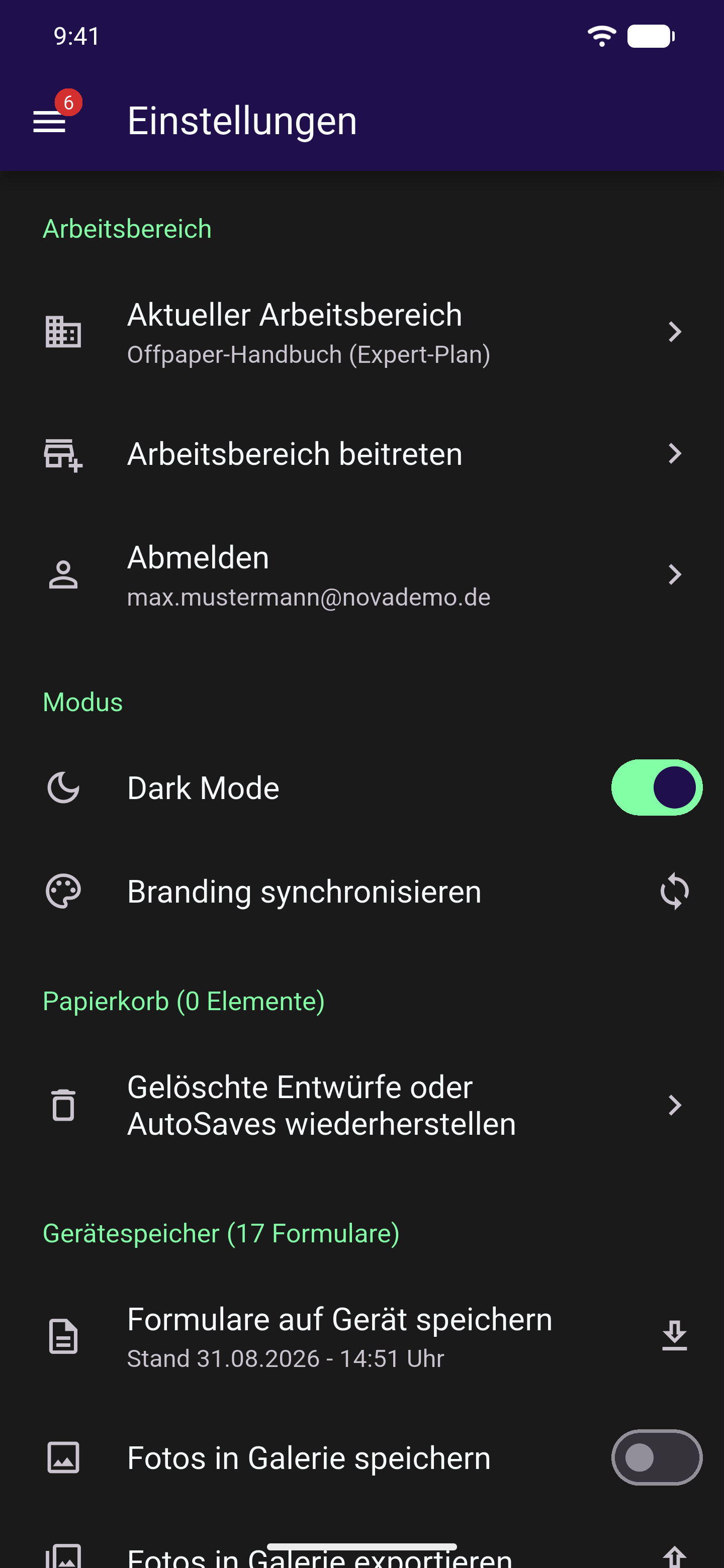 Einstellungen in der App mit den Abschnitten Arbeitsbereich, Modus mit Dark-Mode-Schalter, Papierkorb und Gerätespeicher