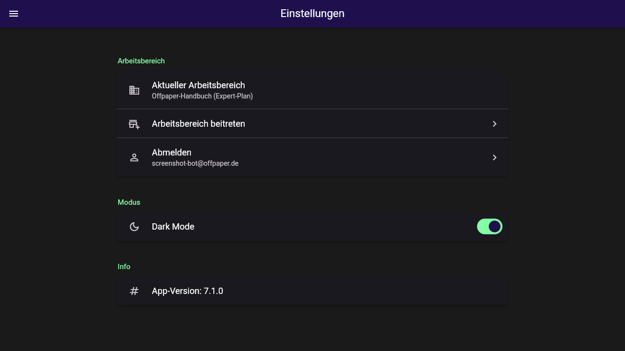 Einstellungen in der Webansicht mit den Abschnitten Arbeitsbereich, Modus (Dark Mode) und Info - Gerätespeicher, Papierkorb und Logs fehlen hier, weil es sie nur in der echten App gibt