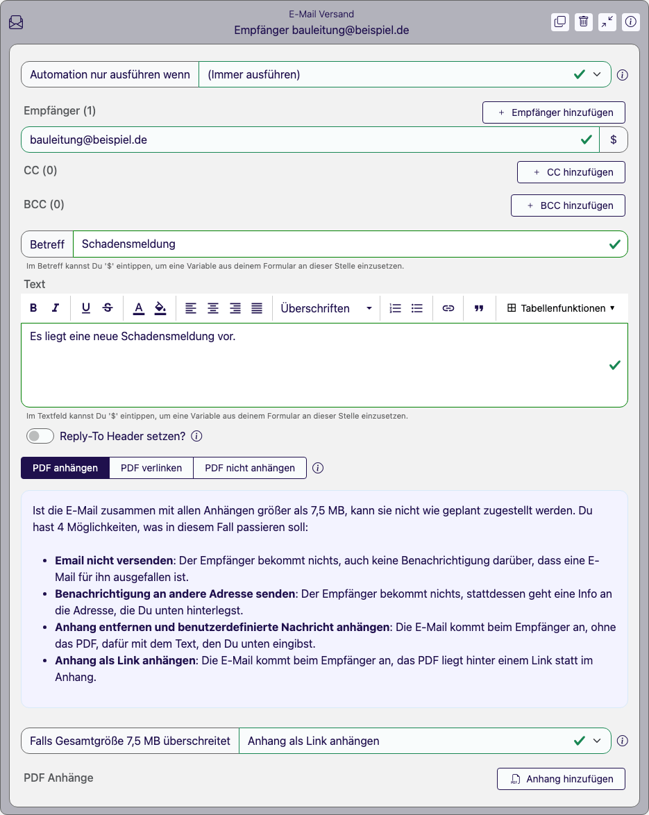 Aufgeklappter E-Mail-Versand-Baustein mit Empfänger-Textfeld, Betreff, Text-Editor, Reply-To-Schalter und den Optionen PDF anhängen, PDF verlinken und PDF nicht anhängen
