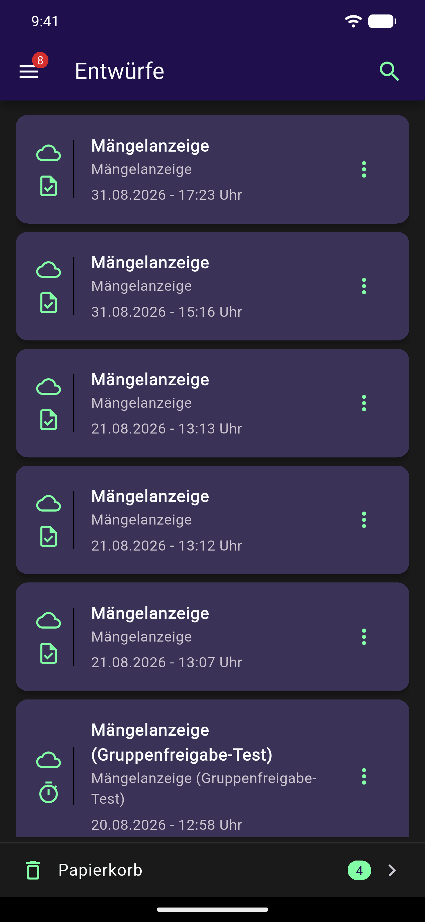 Entwurfsliste mit mehreren Cloud-Entwürfen, jeweils mit Name, zugehörigem Formular und Zeitpunkt, sowie dem Such-Symbol oben rechts