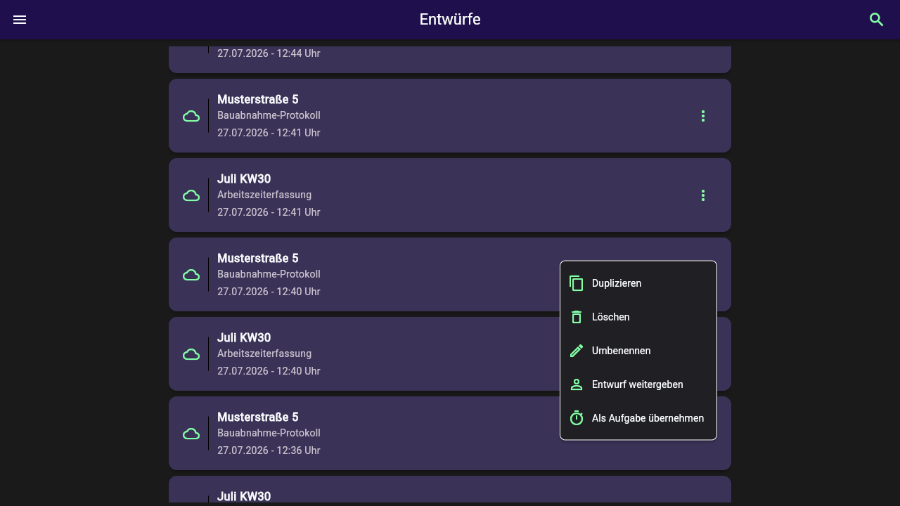 Geöffnetes Drei-Punkte-Menü eines Cloud-Entwurfs mit den Optionen Duplizieren, Löschen, Umbenennen, Entwurf weitergeben und Als Aufgabe übernehmen