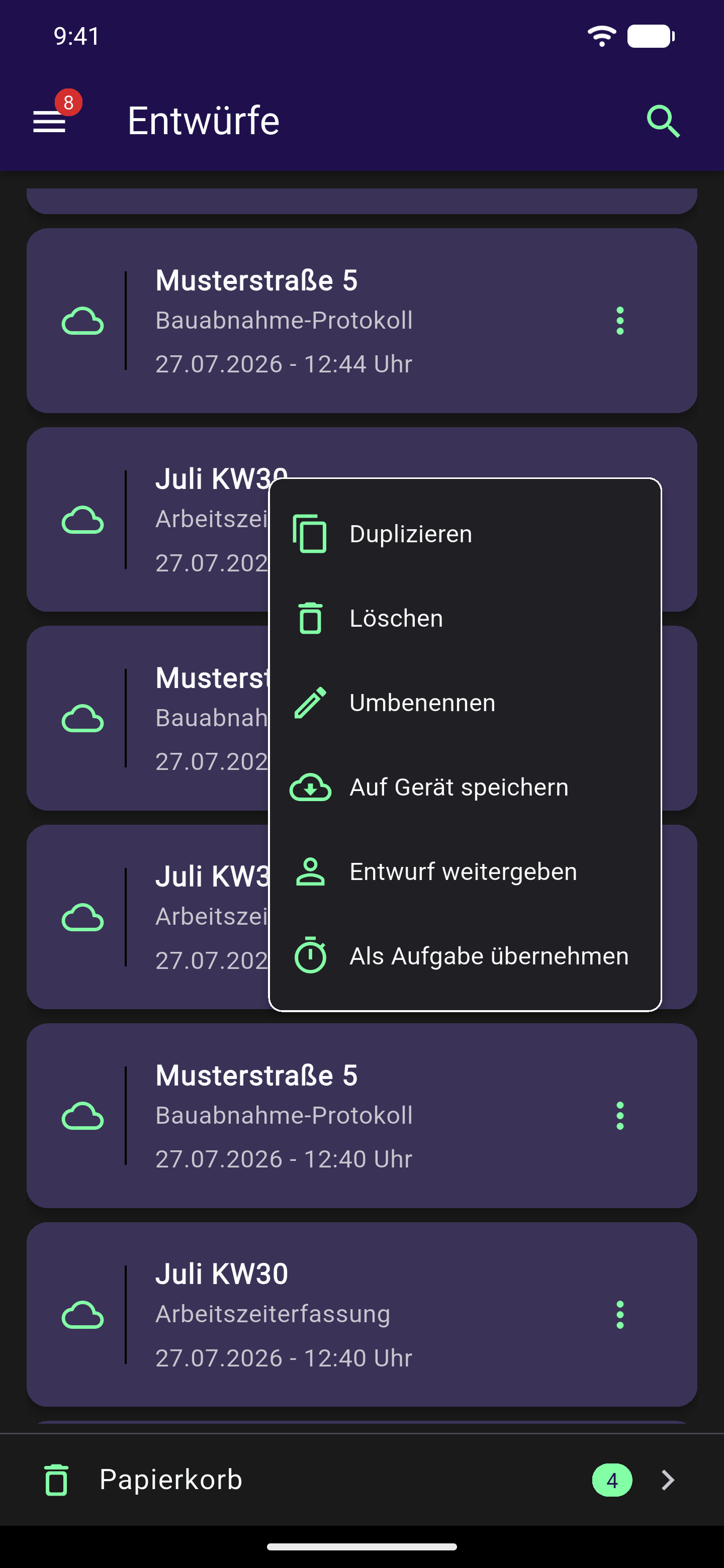 Geöffnetes Drei-Punkte-Menü eines Cloud-Entwurfs mit den Optionen Duplizieren, Löschen, Umbenennen, Entwurf weitergeben und Als Aufgabe übernehmen
