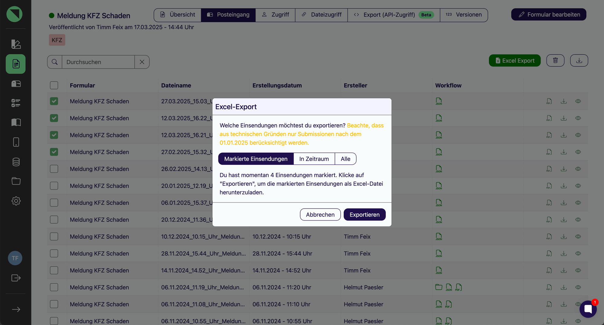 Posteingang eines Formulars mit vier markierten Einsendungen und dem geöffneten Dialog Excel-Export, in dem zwischen markierten Einsendungen, einem Zeitraum oder allen gewählt wird