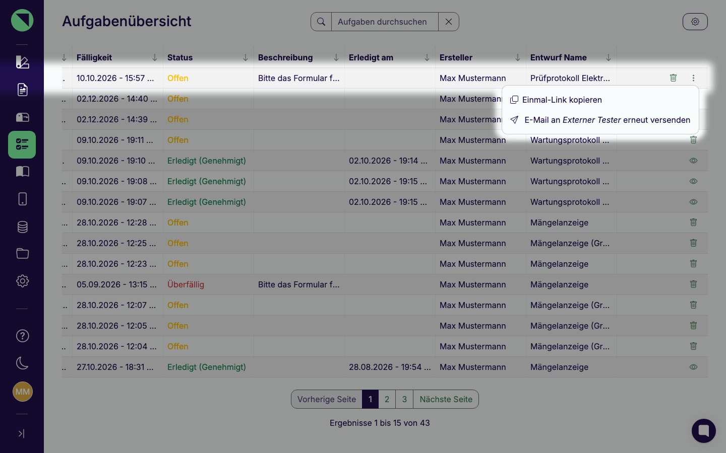 Geöffnetes Mehr-Menü einer externen Einsendung im Status "Offen" mit den Optionen "Einmal-Link kopieren" und "E-Mail an Externer Tester erneut versenden"