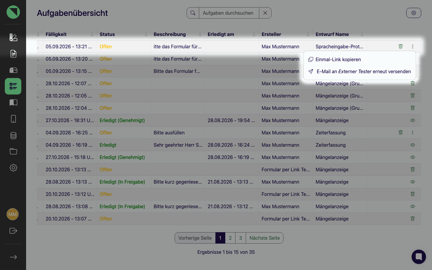 Geöffnetes Mehr-Menü einer externen Einsendung im Status "Offen" mit den Optionen "Einmal-Link kopieren" und "E-Mail an Externer Tester erneut versenden"