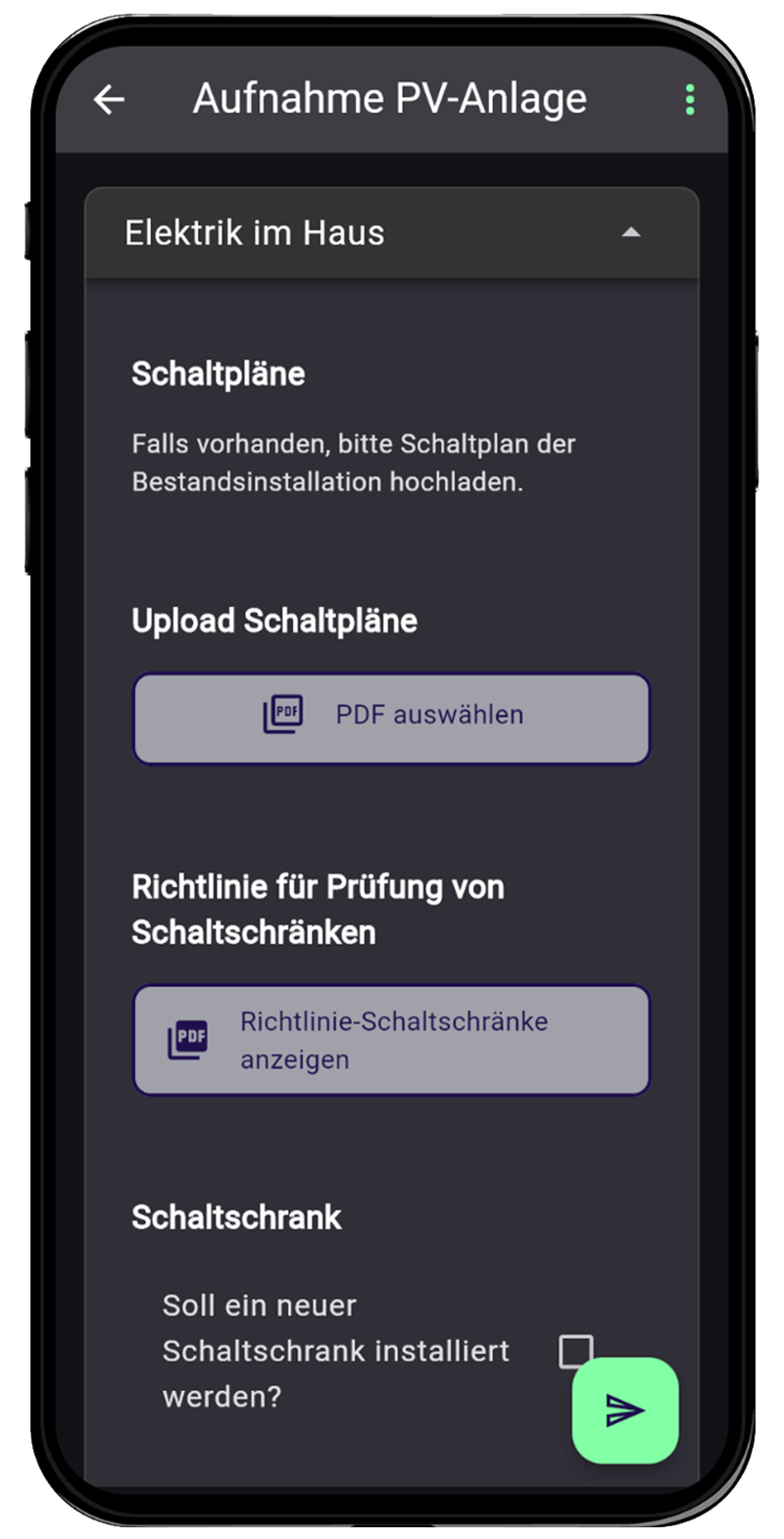Formular in der App mit dem Button PDF auswählen für einen Upload und darunter dem Button zum Anzeigen eines hinterlegten festen PDF-Dokuments