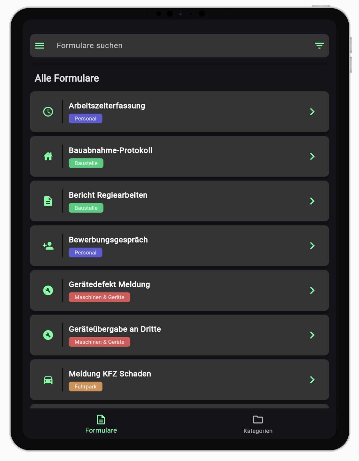 Formularliste in der Offpaper App auf einem Tablet: Jedes Formular hat links ein eigenes Symbol, etwa eine Uhr für Arbeitszeiterfassung oder ein Auto für Meldung KFZ Schaden, dazu farbige Kategorie-Labels