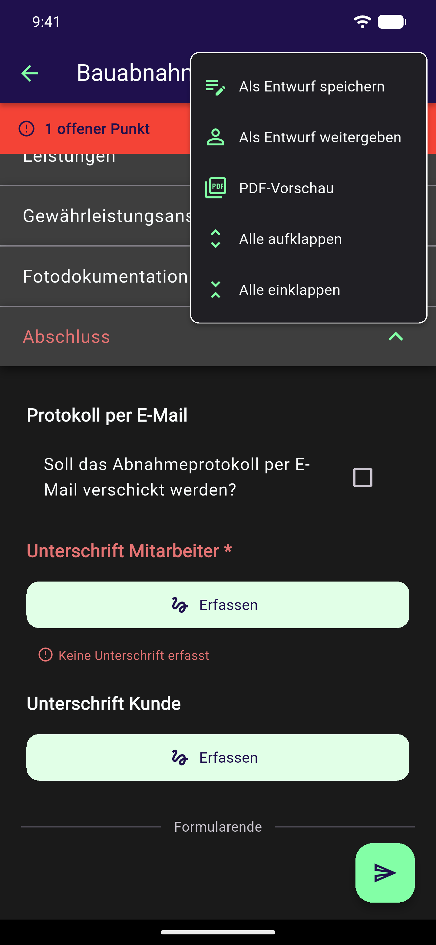 Geöffnetes Drei-Punkte-Menü eines Formulars mit den Einträgen Als Entwurf speichern, Als Entwurf weitergeben, PDF-Vorschau, Alle aufklappen und Alle einklappen