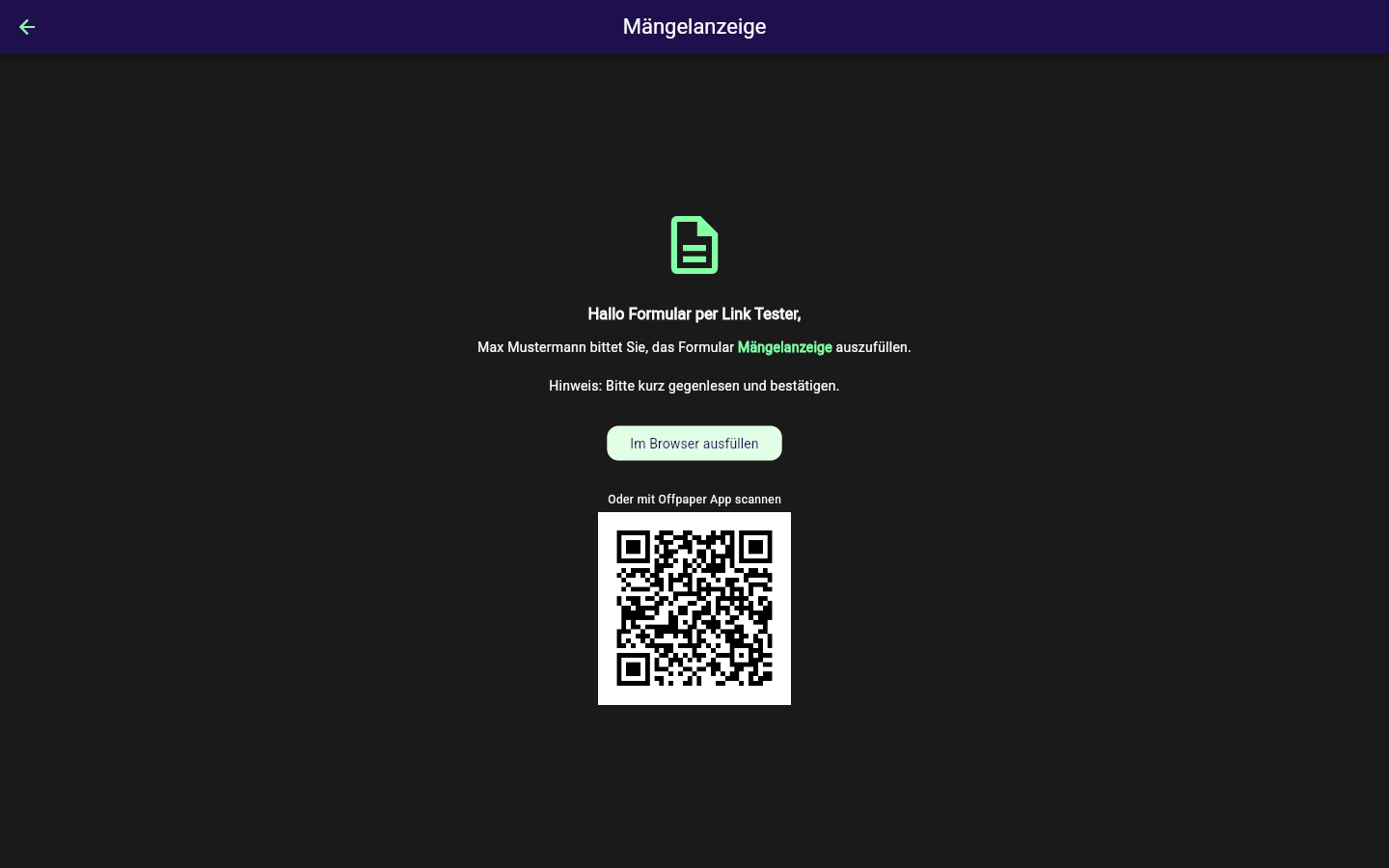 Begrüßungsseite mit Formularname "Mängelanzeige", Absender Max Mustermann, einem zusätzlichen Hinweistext und dem Start-Button Im Browser ausfüllen