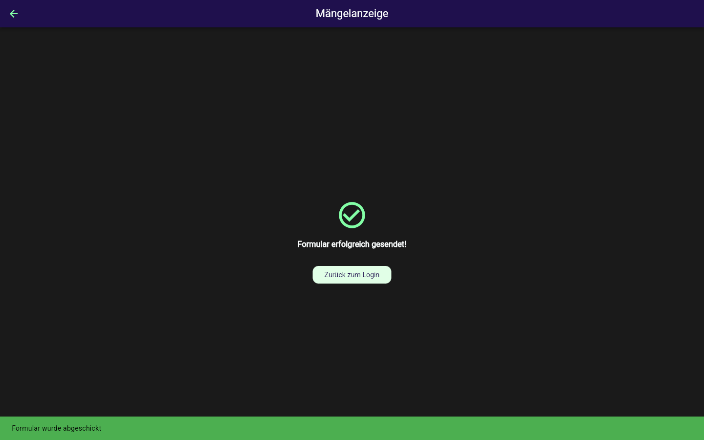 Erfolgsmeldung "Formular erfolgreich gesendet!" mit grünem Häkchen-Symbol und dem Button Zurück zum Login