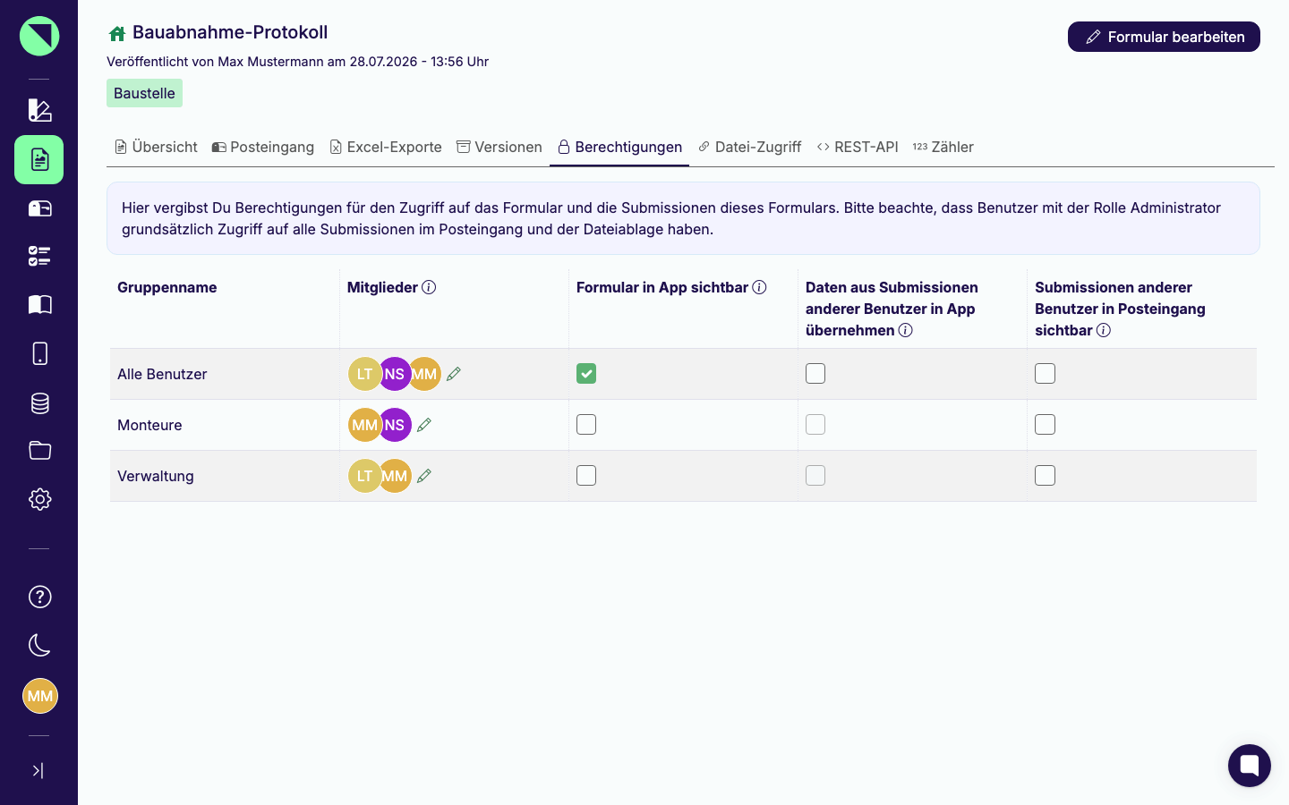 Reiter „Berechtigungen" des Formulars Bauabnahme-Protokoll mit den Benutzergruppen-Zeilen und den drei Spalten Formular in App sichtbar, Daten aus Submissionen anderer Benutzer in App übernehmen und Submissionen anderer Benutzer in Posteingang sichtbar