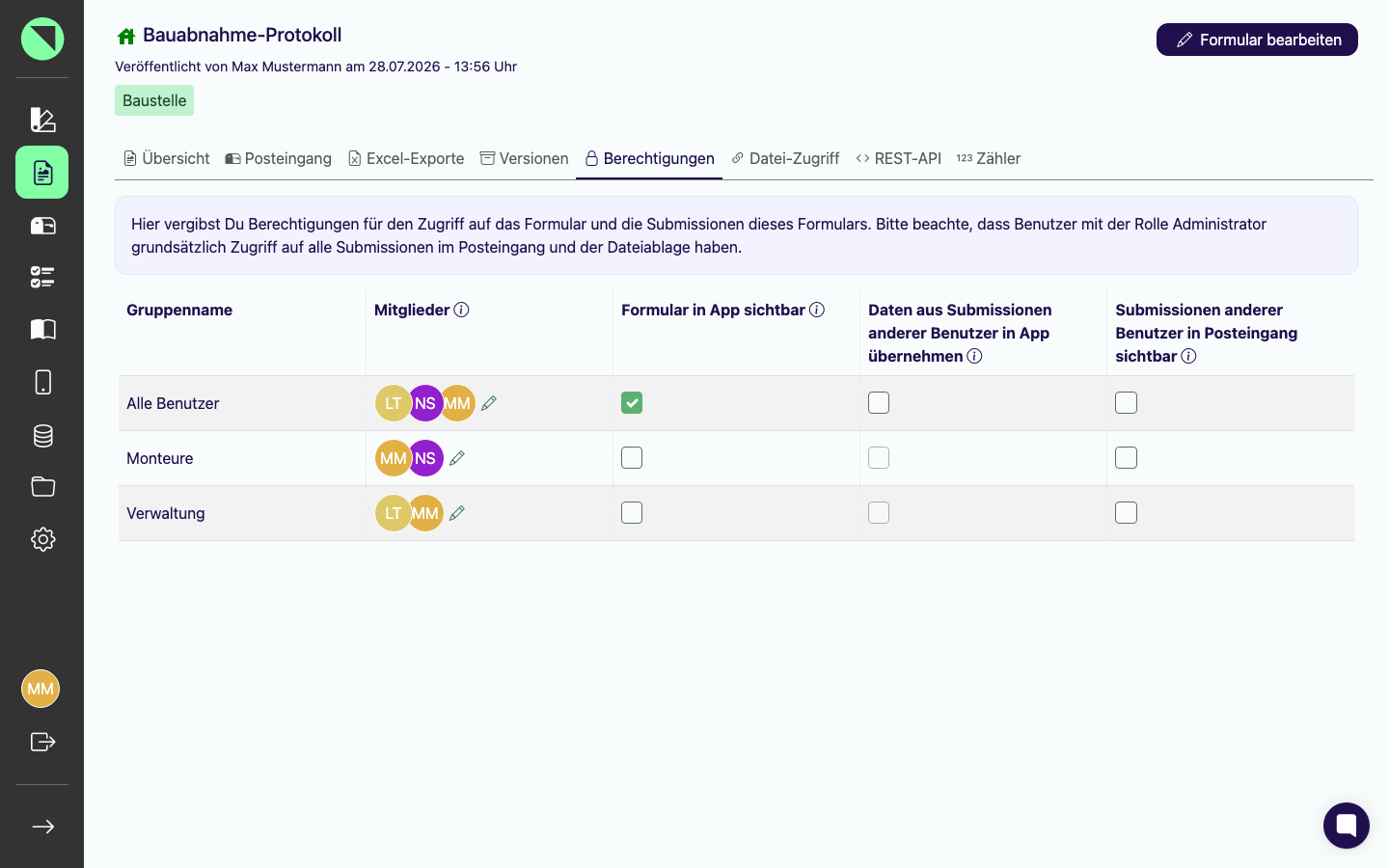 Tab „Berechtigungen" des Formulars Bauabnahme-Protokoll mit den Benutzergruppen-Zeilen und den drei Spalten Formular in App sichtbar, Daten aus Submissionen anderer Benutzer in App übernehmen und Submissionen anderer Benutzer in Posteingang sichtbar