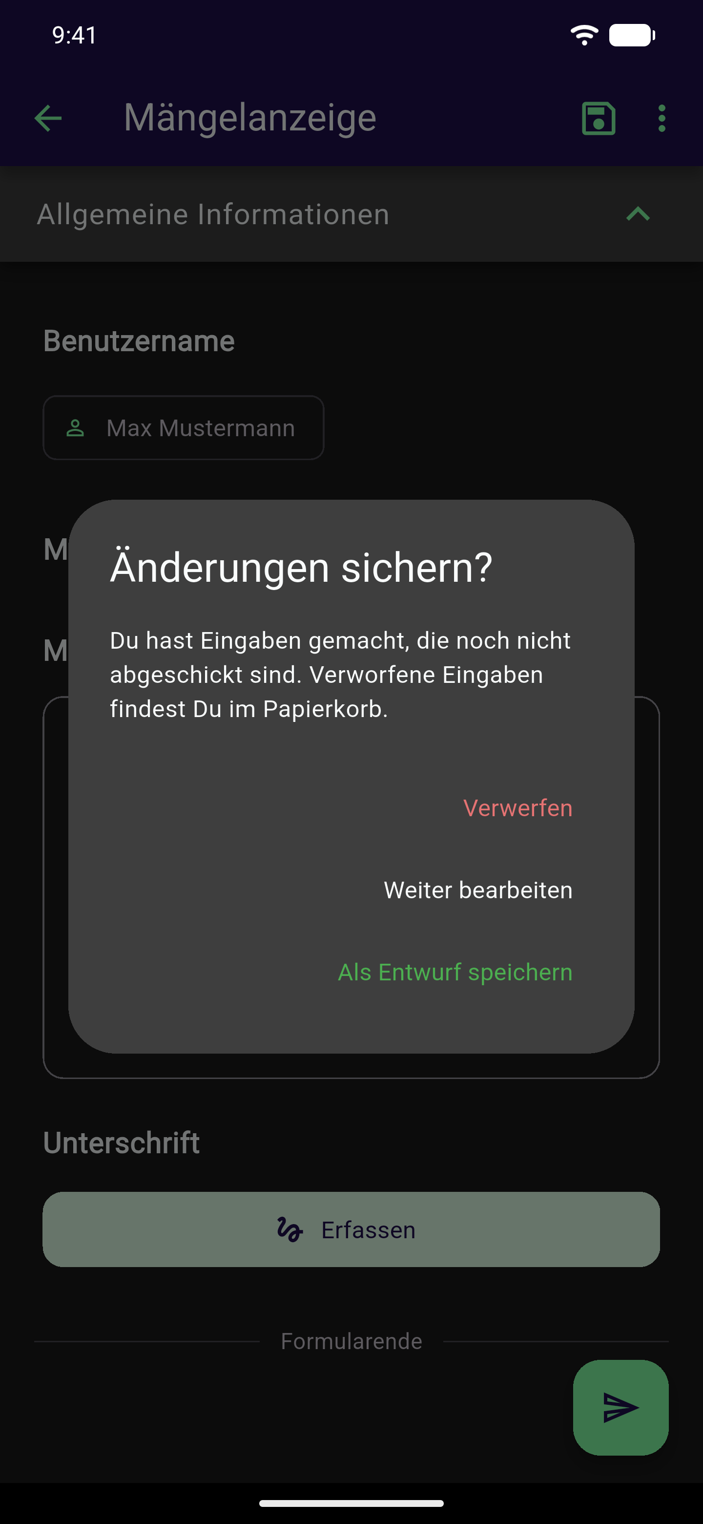 Dialog "Änderungen sichern?" beim Verlassen eines Formulars mit den Optionen Verwerfen, Weiter bearbeiten und Als Entwurf speichern sowie dem Hinweis, dass verworfene Eingaben im Papierkorb landen