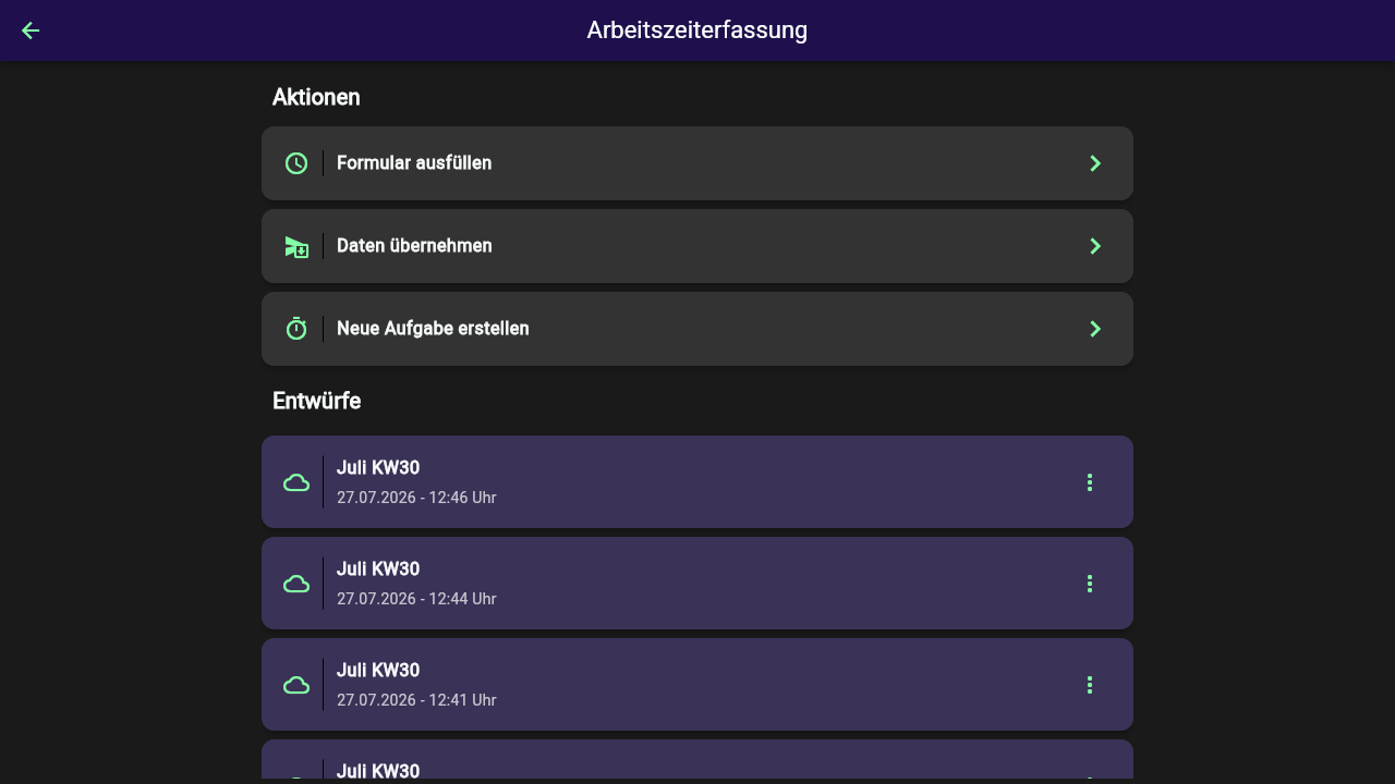 Zwischenbildschirm des Formulars Arbeitszeiterfassung mit dem Abschnitt Aktionen (Formular ausfüllen, Daten übernehmen, Neue Aufgabe erstellen) und dem Abschnitt Entwürfe mit mehreren vorhandenen Einträgen