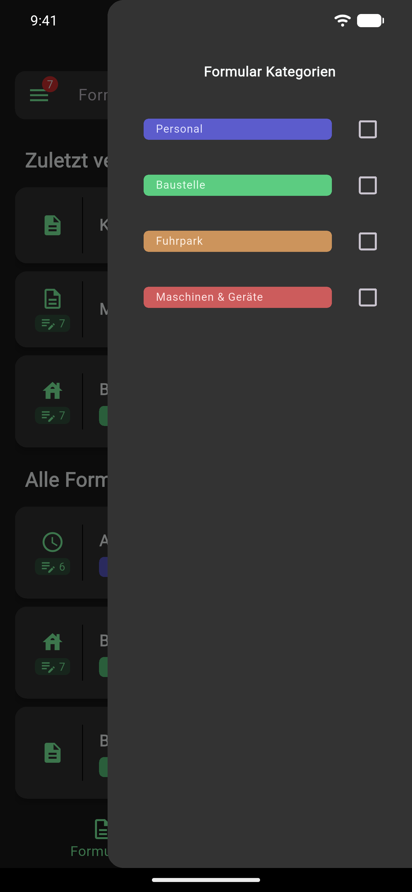 Geöffneter Filter-Bereich "Formular Kategorien" mit einer Checkbox je Kategorie