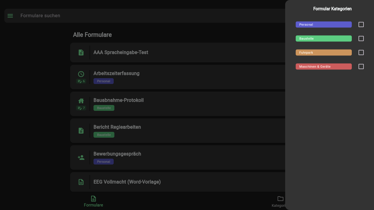 Geöffneter Filter-Bereich "Formular Kategorien" mit einer Checkbox je Kategorie