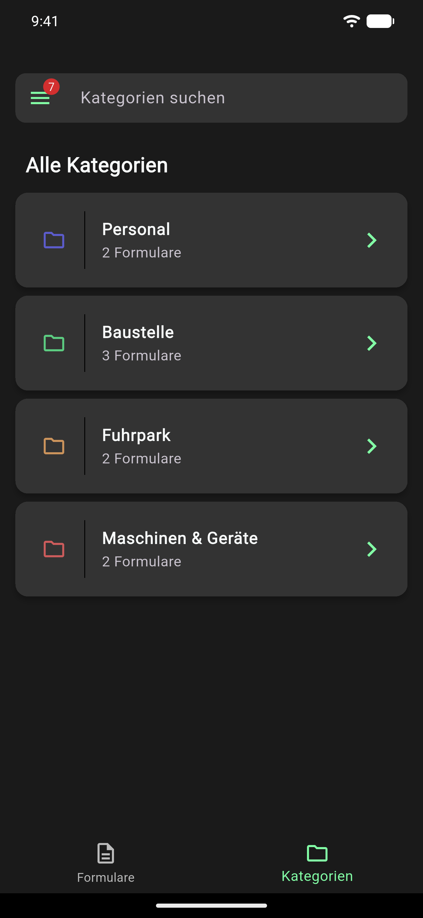 Reiter "Kategorien" mit den Kategorie-Karten Personal, Baustelle, Fuhrpark und Maschinen & Geräte, jeweils mit Formularanzahl