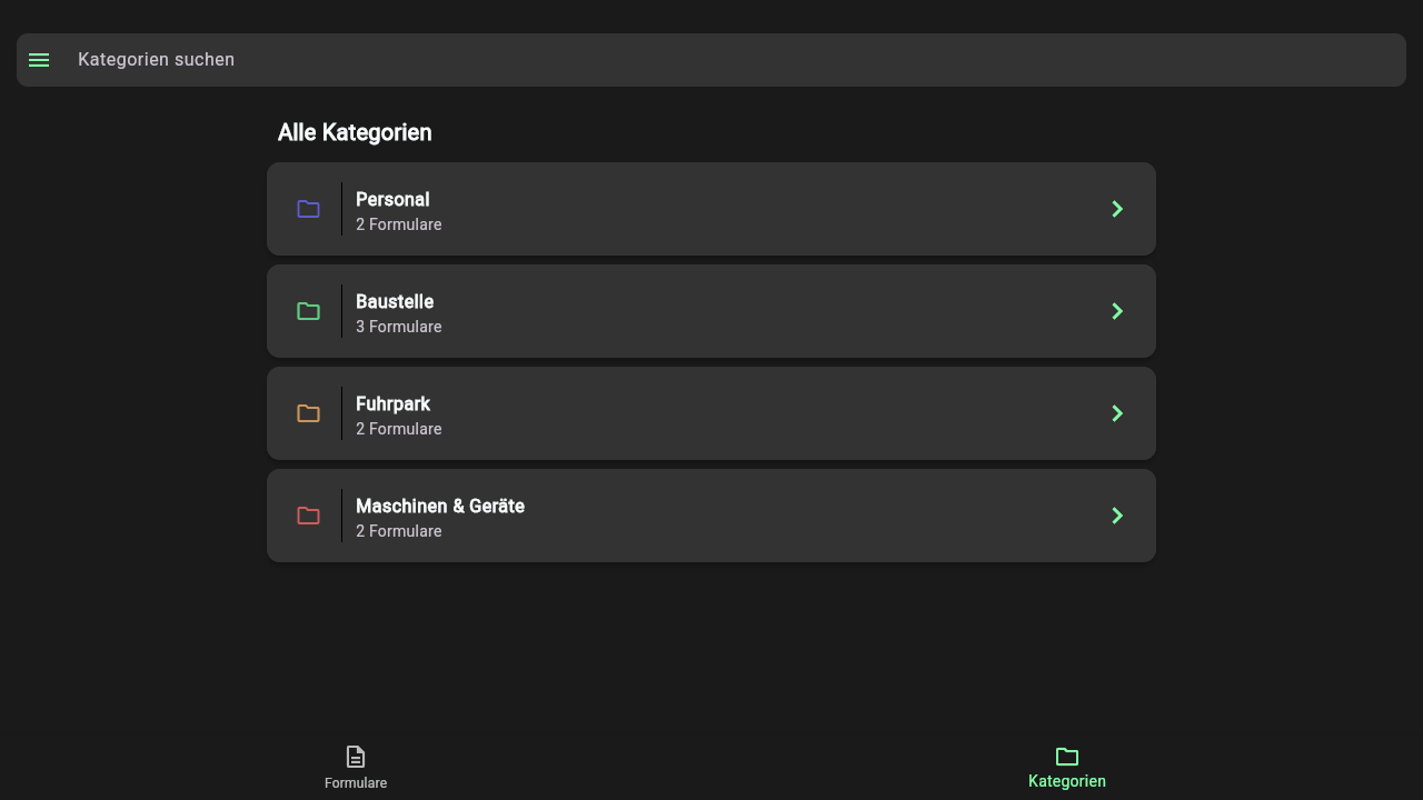 Reiter "Kategorien" mit den Kategorie-Karten Personal, Baustelle, Fuhrpark und Maschinen & Geräte, jeweils mit Formularanzahl