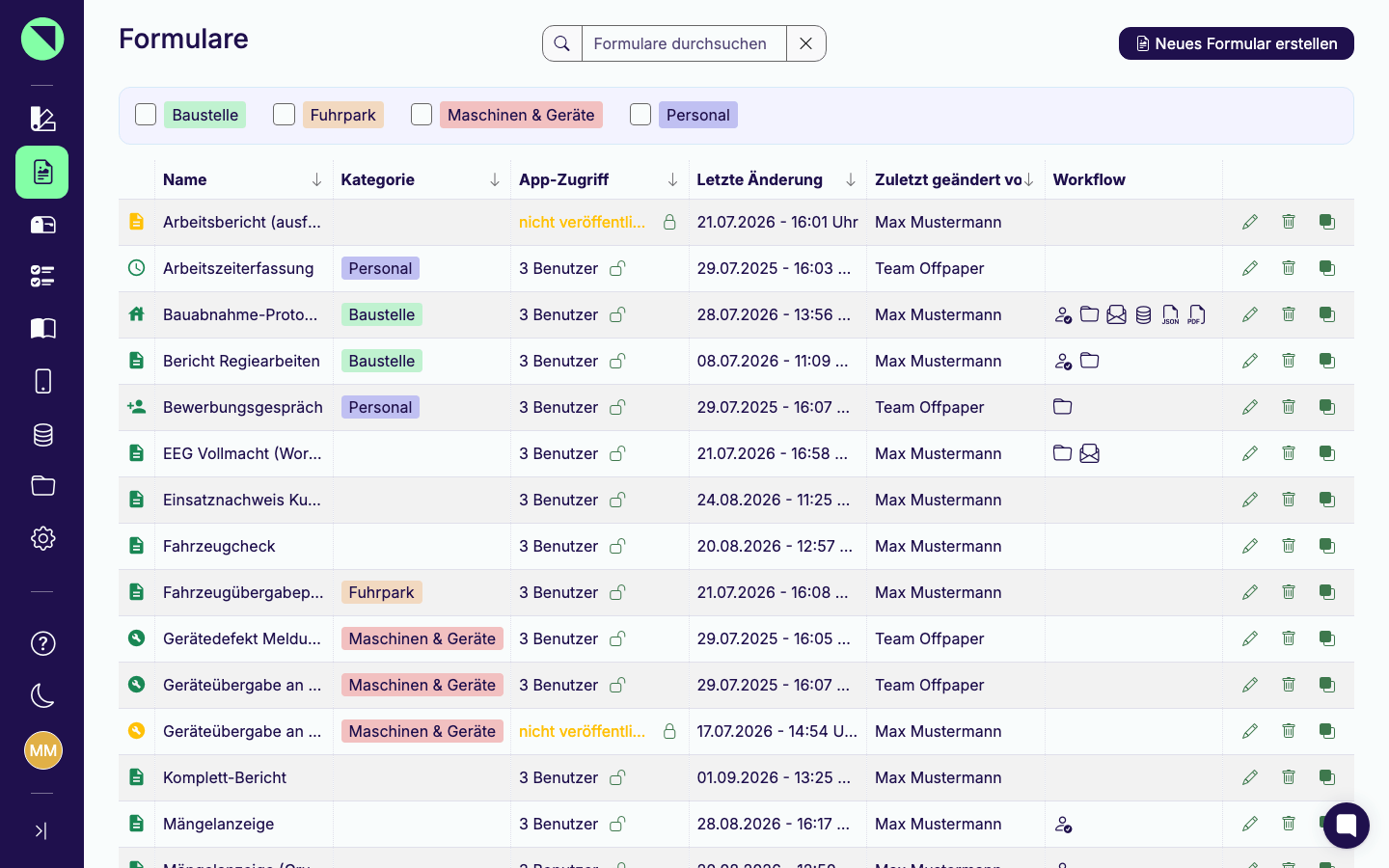 Formularliste mit mehreren Formularen in unterschiedlichem Status, darüber der Kategorie-Filter, das Suchfeld und der Button Neues Formular erstellen