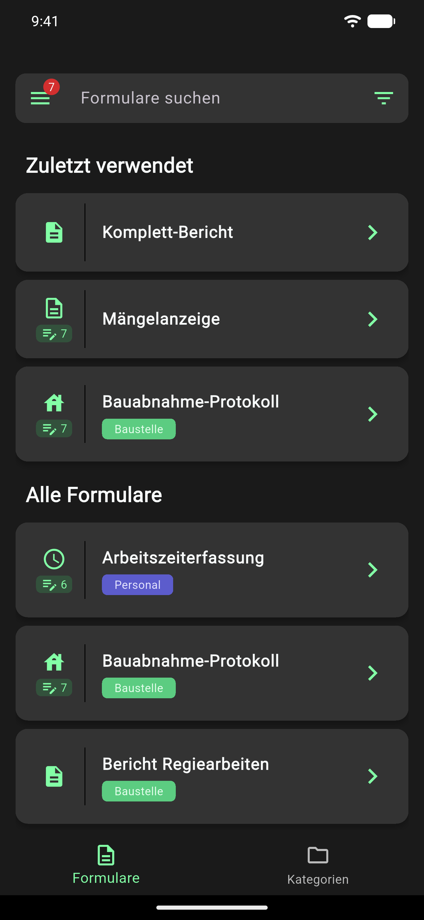 Startbildschirm der Offpaper App mit der Formularliste im Bereich "Formulare"
