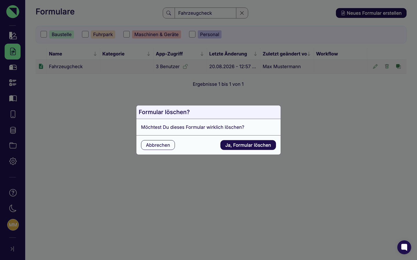Bestätigungsdialog "Formular löschen?" mit den Buttons Ja, Formular löschen und Abbrechen
