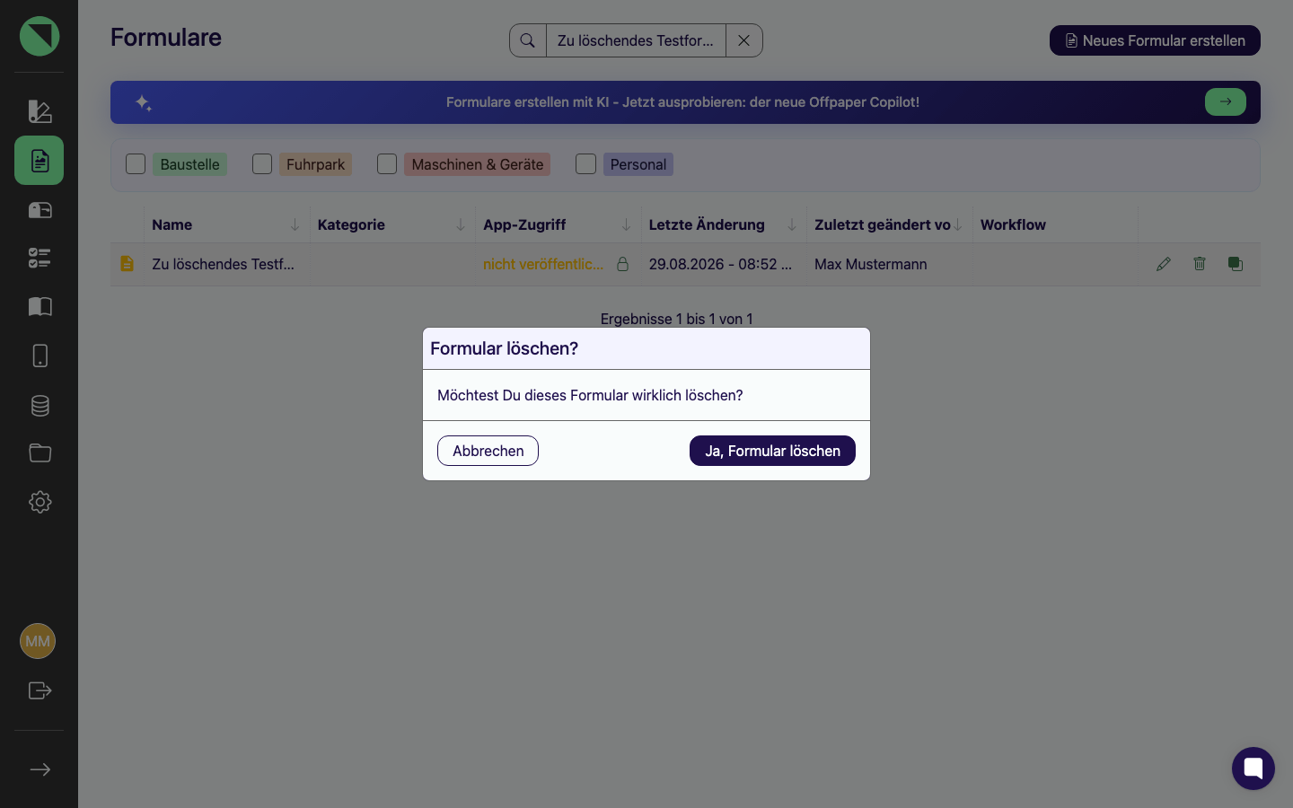 Bestätigungsdialog "Formular löschen?" mit den Buttons Ja, Formular löschen und Abbrechen