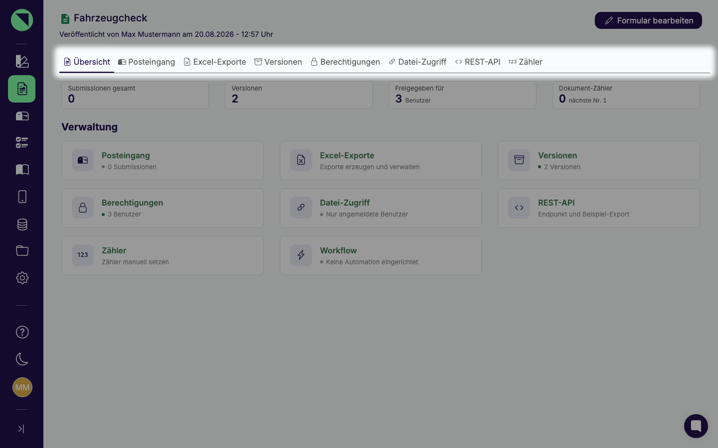 Reiterleiste eines geöffneten Formulars mit den Reitern Übersicht, Posteingang, Excel-Exporte, Versionen und Berechtigungen sowie den Administrator-Reitern Datei-Zugriff, REST-API und Zähler