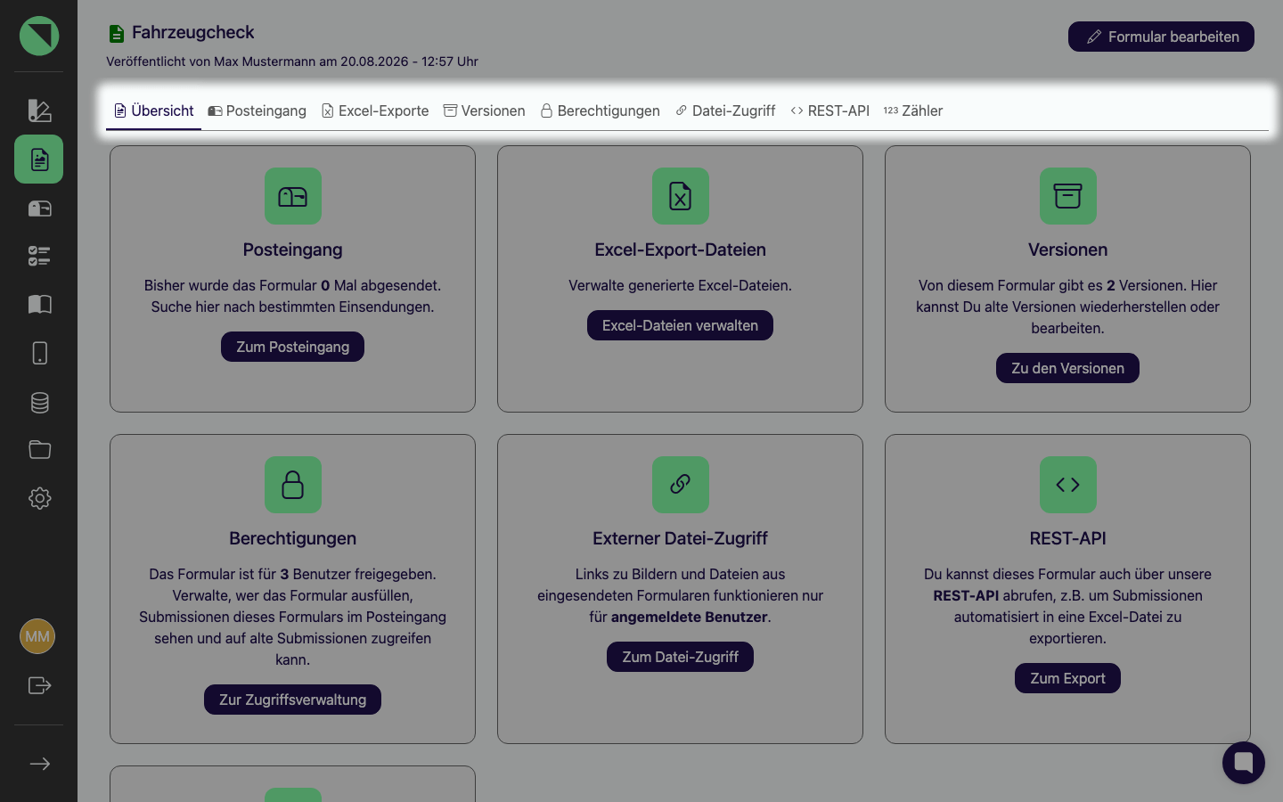 Tab-Leiste eines geöffneten Formulars mit den Reitern Übersicht, Posteingang, Excel-Exporte, Versionen und Berechtigungen sowie den Administrator-Reitern Datei-Zugriff, REST-API und Zähler